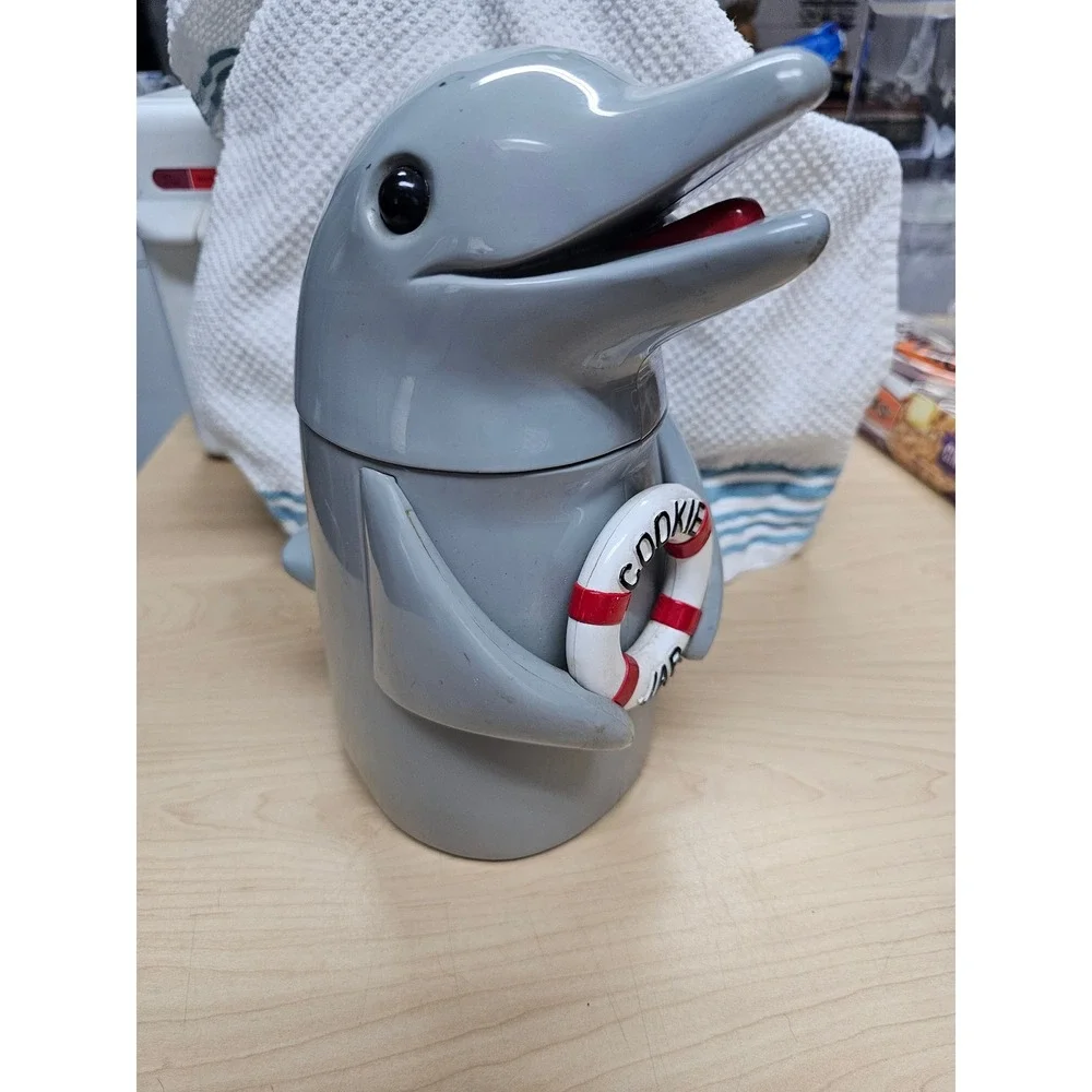 Vintage Dolphin Cookie Jar Gray Plastic Nautical Ocean Life Ring Kitchen Decor